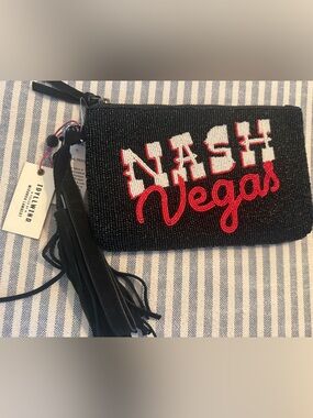 Nash Vegas Beaded Wristlet - Black with White & Red Lettering